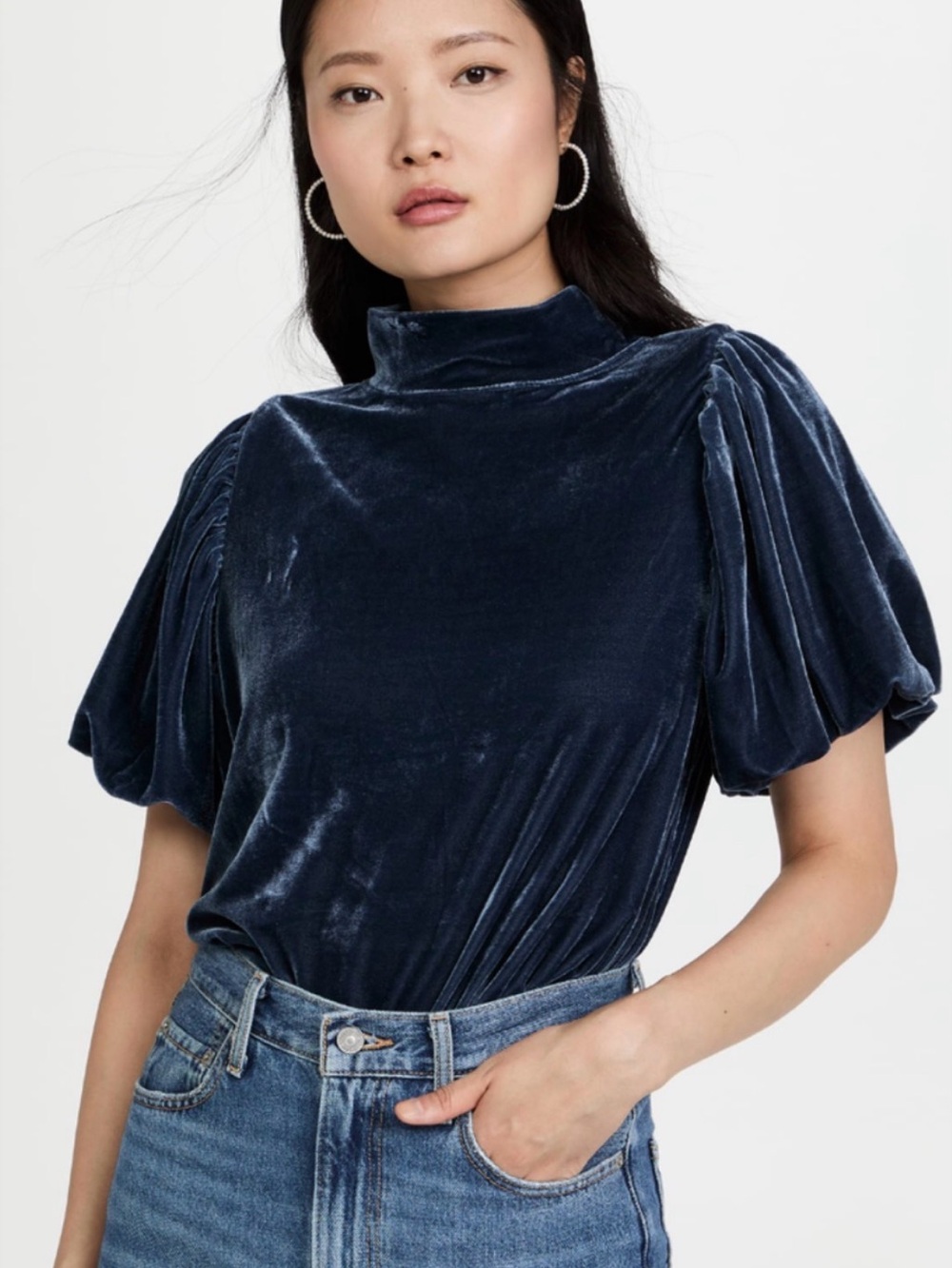FREE PEOPLE BLUE Claudia Velvet Mock Neck Women's short sleeve bohemian Top Sz S